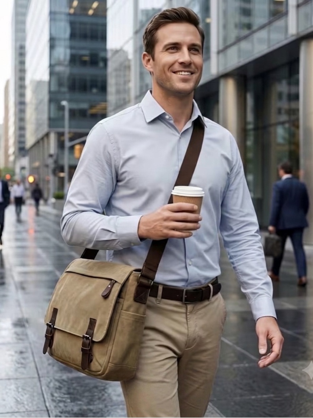 Men's Canvas Messenger Bag in Tan with Leather Accents